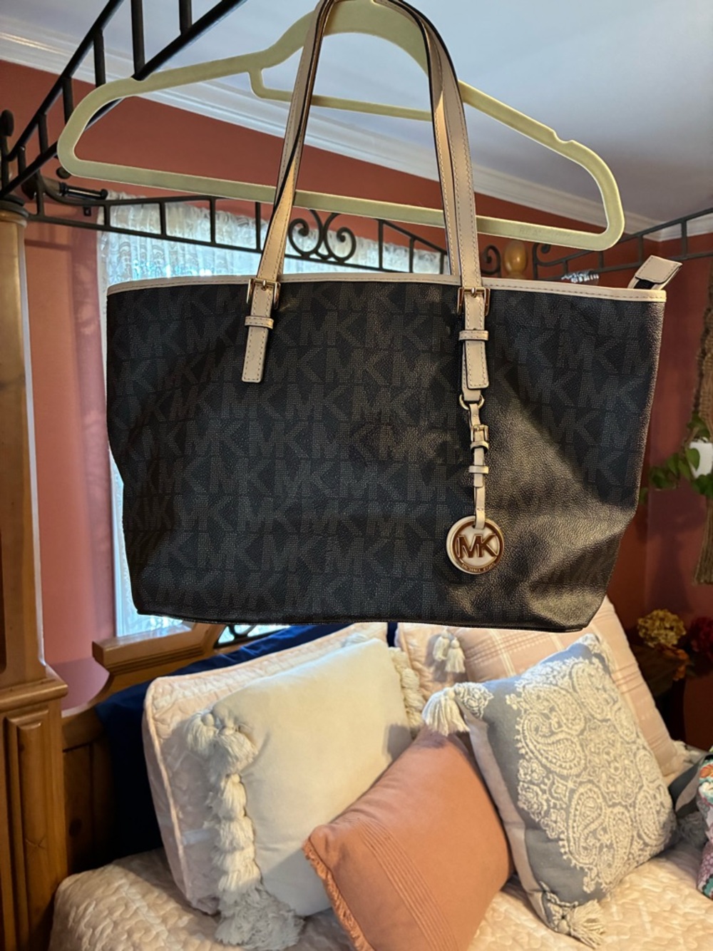 Michael Kors Black Tote with Beige Trim and MK Charm